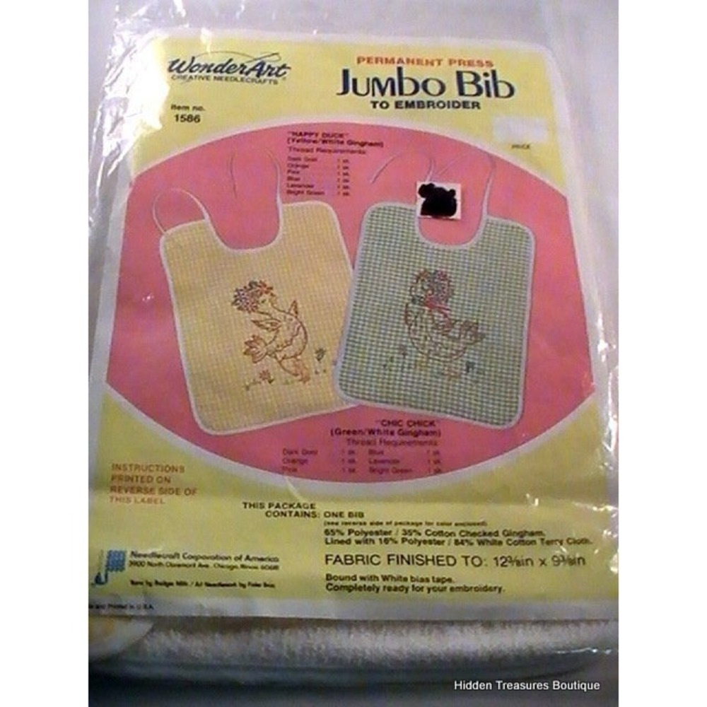 WonderArt Jumbo Bib‎ Embroidery Kit "Happy Duck" #1586 Sealed